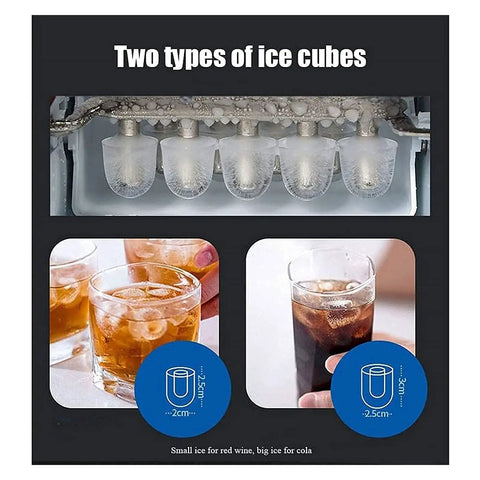 Portable Countertop Ice Maker Machine That Makes Fresh Cubes Real Quick Without Any Hassle Featuring Self Cleaning System and Spacious Bin with two types of ice cubes.