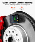 Heavy Duty Carbon Steel Wheel Alignment Tool Featuring A Digital Angle Finder And Measuring Tapes For Dead Nuts Accurate Toe And Camber Adjustments On Cars Trucks And Suvs Garage mounted on brake disc, showing digital camber reading.
