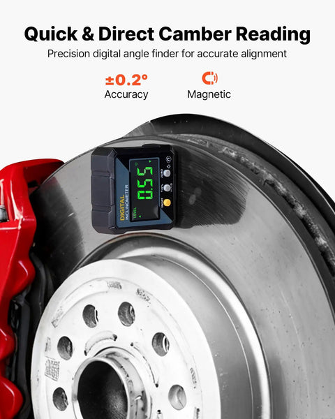 Heavy Duty Carbon Steel Wheel Alignment Tool Featuring A Digital Angle Finder And Measuring Tapes For Dead Nuts Accurate Toe And Camber Adjustments On Cars Trucks And Suvs Garage mounted on brake disc, showing digital camber reading.