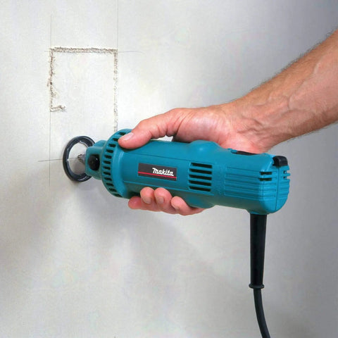 Pro Grade Drywall Cutout Tool With 5 Amp Motor And 32,000 RPM in use cutting a square in drywall, showing lightweight design