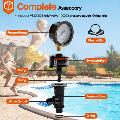 DearChan 98209800 high-flow manual relief valve with pressure gauge for pool/spa filter; includes O-rings and clip