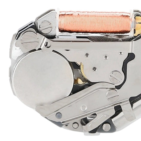 Close-up of Dope Three Hand Quartz Watch Movement 2035 Replacement with metal gears and coil for durable timekeeping.