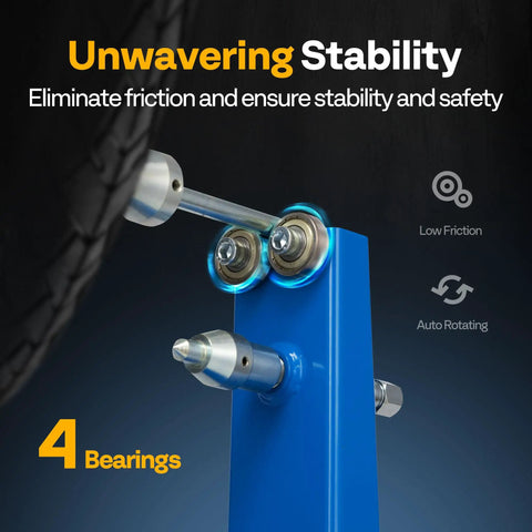 Pro Grade Motorcycle Wheel Balancer And Truing Stand With Spin Static Truing Stand and bearings, showing low friction and stability features.