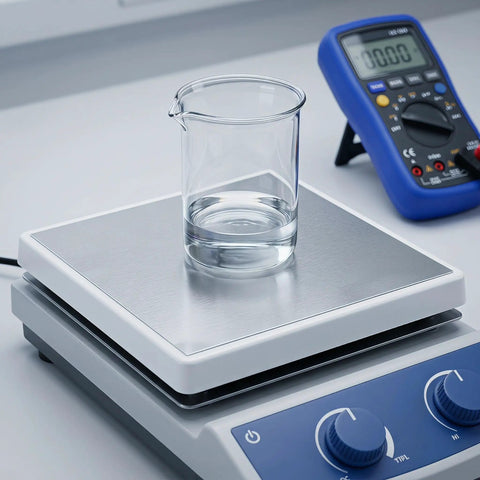 Lab setup with a digital multimeter and a glass beaker on an aluminum platform, similar to Six Pack Flat Aluminum Sheets