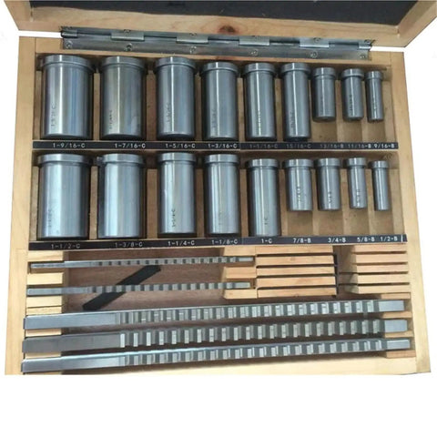Pro Grade 30-Piece HSS Groove Keyway Broach Set for Machinists in a wooden case, includes 18 bushings, 5 grooving broaches, 7 spacers