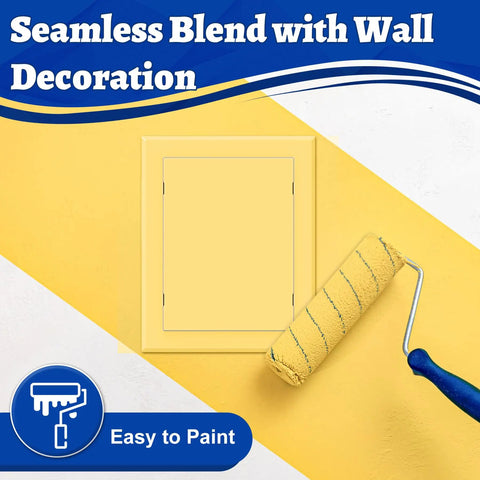 Dead Simple Self Adhesive Access Panel For Drywall 6 By 8 Inch Heavy Duty Plumbing Door against yellow wall, easy to paint.
