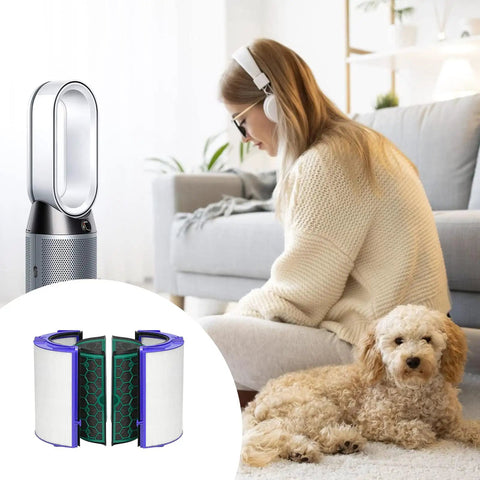 3-In-1 Activated Carbon Replacement Filter For TP04 TP05 Air Purifier Fans with Dyson purifier, woman, and dog in living room