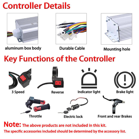 Controller details for 48V 1000W Brushless DC Motor Kit with 3500RPM for go karts, dirt bikes, and e-bikes, showing throttle and brake features