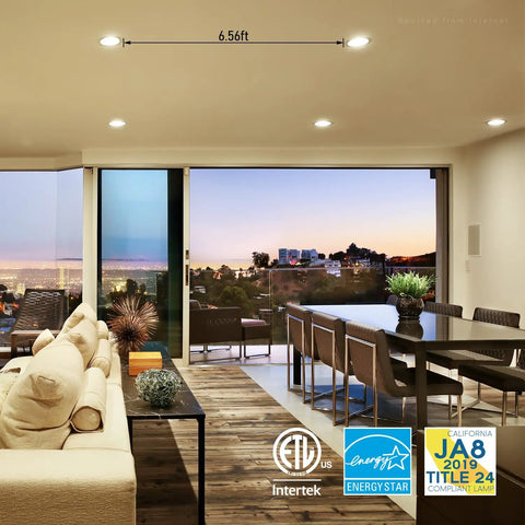 Modern living room with Ultra Slim 4 Inch LED Recessed Downlights With J Box Pack Of 6 illuminating the space, view outside.
