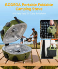 Dual Burner Portable Camping Stove With 20000 BTU Total Power in folding design on wooden table, showing size dimensions and carry case