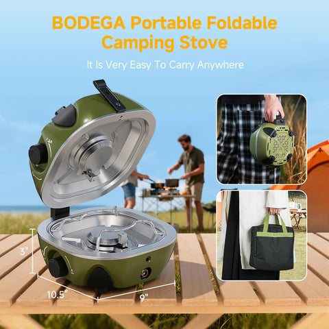 Dual Burner Portable Camping Stove With 20000 BTU Total Power in folding design on wooden table, showing size dimensions and carry case