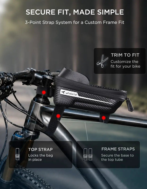 Waterproof Bike Frame Bag With 3D EVA Hard Shell And Sealed Zipper Top Tube Phone Holder Pouch For Cyclists attached to bike frame.