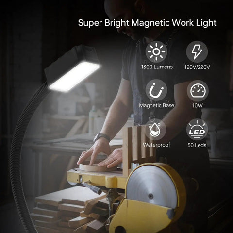 Gooseneck LED Work Light With Magnetic Base, 1300 Lumens, 50 LED Bright Lamp illuminating a lathe in a workshop setting.