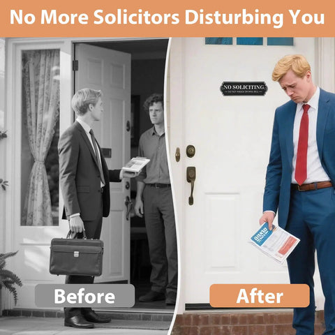 Comparison of before and after using Solid Brass No Soliciting Sign For Home And Office, elegant black finish on a door.