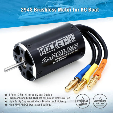 2948 4800KV Brushless RC Boat Motor, 4-Pole With Water Cooling Jacket for 650-800mm hulls