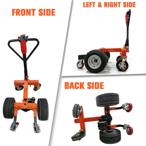 Heavy Duty Electric Trailer Dolly 7500 Lbs Max Capacity with view of front, left, right, and back sides showing dual hitch balls and wheels.