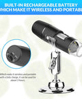 Wireless Handheld Digital Microscope for Kids and Adults, 50x to 1000x Magnification, 360 Degree Rotating Stand, Compatible With iPhone iPad Android Phones and Tablets, Portable, Great for Learning and Exploration. Black microscope on stand with rechargeable battery