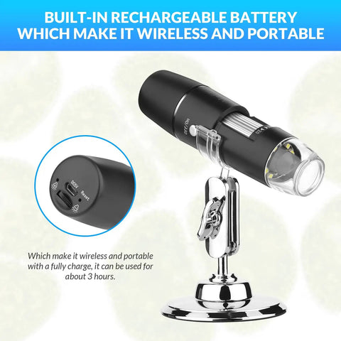 Wireless Handheld Digital Microscope for Kids and Adults, 50x to 1000x Magnification, 360 Degree Rotating Stand, Compatible With iPhone iPad Android Phones and Tablets, Portable, Great for Learning and Exploration. Black microscope on stand with rechargeable battery