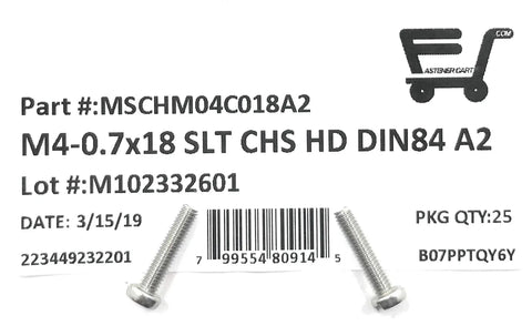 M4 X.70 Stainless Steel Slotted Cheese Head Machine Screws A2-70 Grade Din84 Metric Hardware Bulk Pack Of 25 on packaging.
