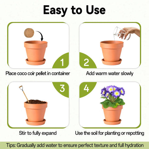 Instructional guide for 100 Pack 30mm Organic Coco Coir Seed Starter Pellets for Indoor and Outdoor Gardening, in four steps.