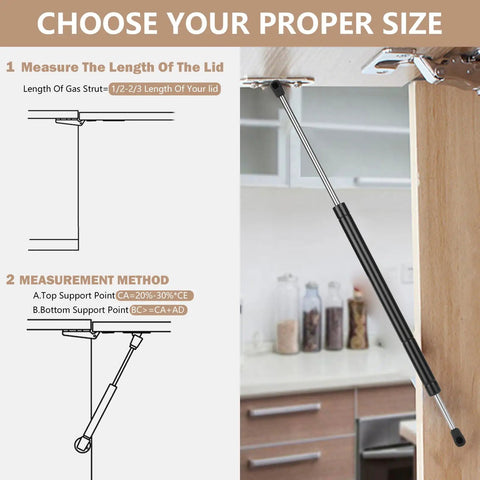 Instructional graphic demonstrating measurement for No Sweat 24 Inch Gas Struts 150 Lb Force Lift Supports.