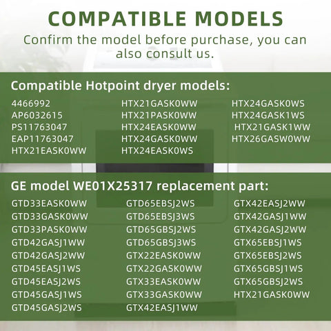 List of compatible Hotpoint and GE dryer models for replacement parts, including 4466992, AP6032615, PS11763047, EAP11763047.