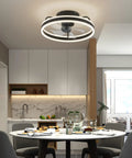 20 Inch Low Profile Ceiling Fan With Lights Dope Modern Flush Mount Dimmable LED Chandelier Glow Black 360 Degree Oscillating With Remote Ideal For Bedroom Kitchen Living Room installed above dining table in kitchen.