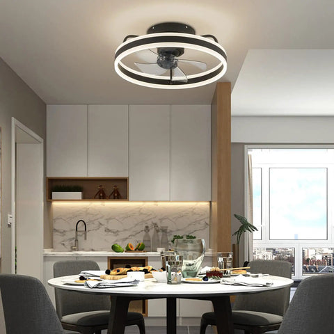 20 Inch Low Profile Ceiling Fan With Lights Dope Modern Flush Mount Dimmable LED Chandelier Glow Black 360 Degree Oscillating With Remote Ideal For Bedroom Kitchen Living Room installed above dining table in kitchen.