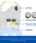 Close-up of 10 Gallon Oil Free Portable Vertical Electric Air Compressor pressure gauges, air filter, and quick connect coupler.