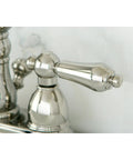 Close-up of Heritage 4 Inch Centerset Lavatory Faucet With Metal Lever Handle In Polished Nickel, Built To Last Solid Brass Construction