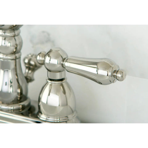 Close-up of Heritage 4 Inch Centerset Lavatory Faucet With Metal Lever Handle In Polished Nickel, Built To Last Solid Brass Construction