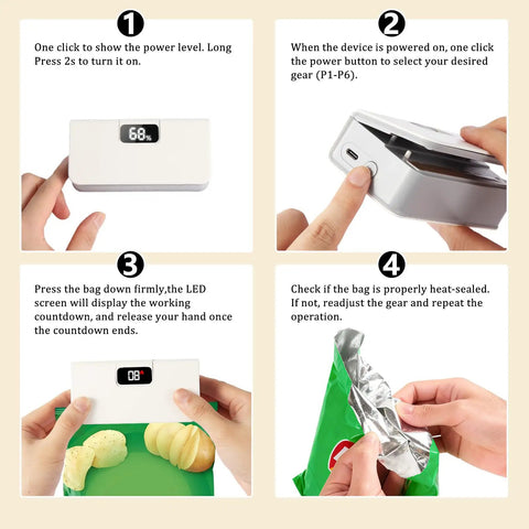 Rechargeable Mini Bag Sealer With LED Power Display One Touch Heat Sealer And Cutter Six Adjustable Gear Settings Portable Resealer usage steps