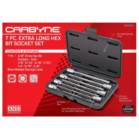 Image showing Extra Long 7 Piece SAE Hex Allen Socket Set for deep reach with a durable molded case, open to display S2 steel bits.