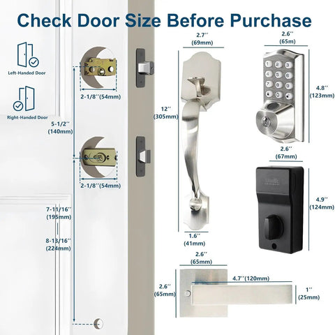 Dimensions and components of Smart Keypad Door Lock With Handle, Tuya WiFi App Control, Fingerprint And Code Entry