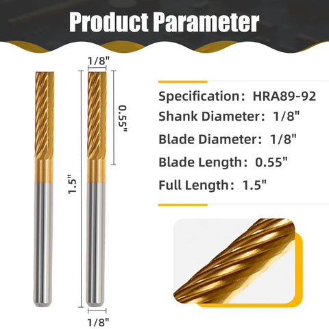 Cylindrical Tungsten Carbide Cutter With Titanium Nitride Coating, 1/8 inch shank dimensions for Die Grinder Kits, 2 pieces
