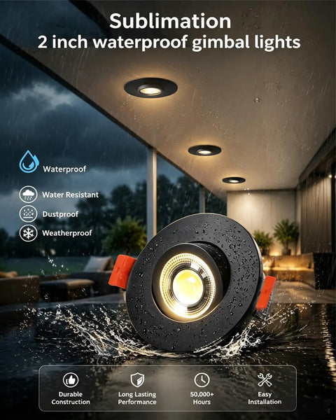 Sublimation 2 inch 5CCT Gimbal Led Recessed Lights, waterproof design shown in outdoor shower setting.