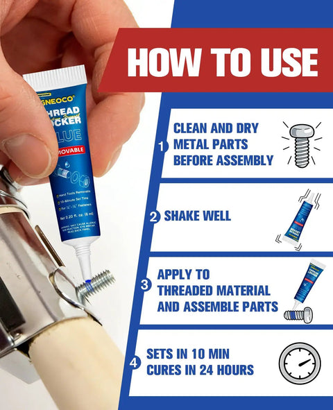 Instructions for using 2 Pack Blue Thread Locker Medium Strength For Nuts Bolts And Metal Fasteners Prevents Loosening From Vibration Removable When Cured Anaerobic Thread Lock Glue For Home Shop And Automotive Projects