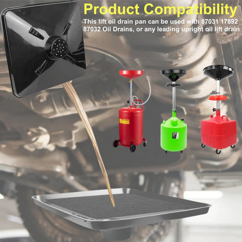 Two Pack Transmission Drain Pan Set With 22 Inch Square Oil Catch Pan and drain pads in use with automotive fluids