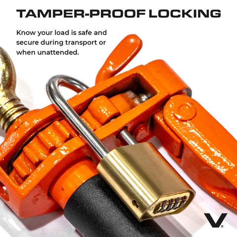 Close-up of Heavy Duty Ratchet Load Binders Two Pack showing tamper-proof locking mechanism for secure transport.