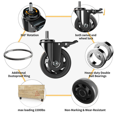 Detailed view of Four Inch Stem Caster Wheels Heavy Duty Threaded Stem Casters UNC 3/8-16 X 1 features like swivel, lock, and ball bearings.