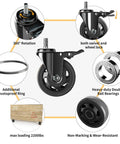 Four Inch Stem Caster Wheels Set Of Four Heavy Duty With Half Inch 13 UNC X 1 Threaded Stem Dual Lock Brakes Industrial Castors diagram showing features.