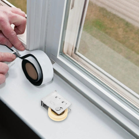 Heavy Duty Guide Pulley Roller Replacement Wheel For Sliding Barn Doors And Cabinets Featuring Rock Solid Construction And Smooth As Butter Silent Glide Action, close-up detail with installation tools.