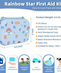 Front view of Rainbow Star first aid kit; light blue hard case with colorful icons, compact 5 in tall.