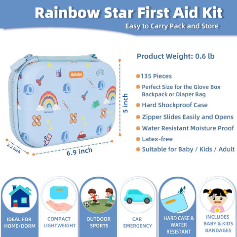 Front view of Rainbow Star first aid kit; light blue hard case with colorful icons, compact 5 in tall.