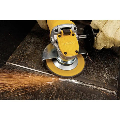 Powerful 9 Amp Four And A Half Inch Angle Grinder With Paddle Switch And 12,000 RPM Motor cutting metal with sparks
