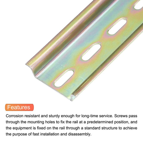 Close-up view of a DIN Rail Slotted Iron Mounting Guide for Electrical Equipment 20 Inch By 1.4 Inch By 0.28 Inch Iridescent Finish 4 Pack.