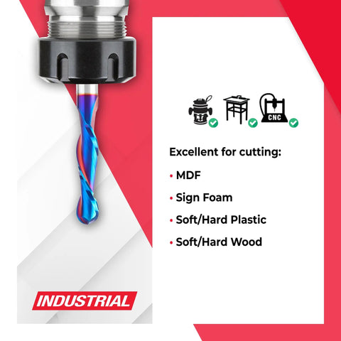 Image of Solid Carbide Up Cut Ball Nose Router Bit for CNC cutting MDF, foam, plastic, and wood. Spektra coating visible.