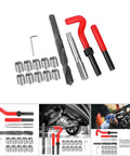 Heavy Duty M14x1.25 Thread Repair Kit Stainless Steel 15 Piece Set With Drill Tap Wrench Breaker Hex Wrench And 10 Stainless Inserts For Auto Repairs And High Voltage Gear. Parts laid out on white.
