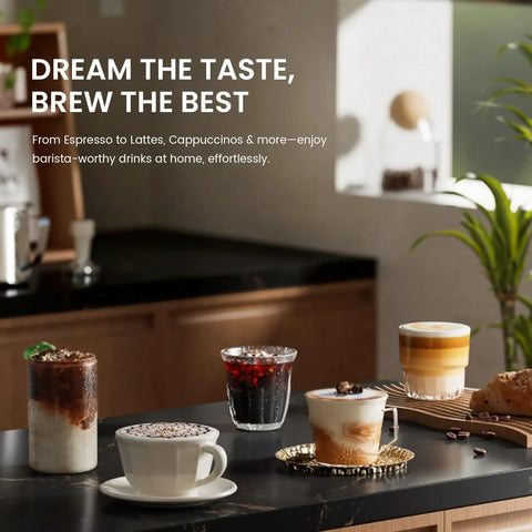 Hella Smooth 20 Bar Automatic Espresso Machine Featuring Built In Grinder And One Touch Brew for crafting lattes and cappuccinos.