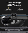 3D printer setup displaying nozzle temperature range 240-270°C and printing speed support under 220mm/s with close-up of no warping detail.